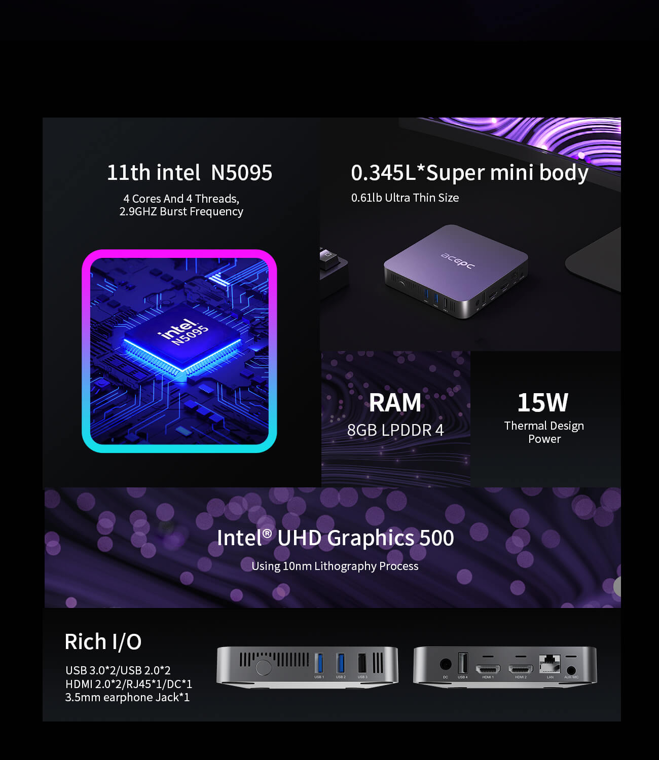 PicoBox Lite Intel N5095 Mini PC 8G RAM 256G M.2 SSD - Acepc